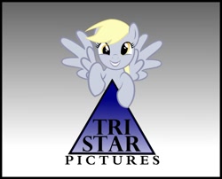 Size: 900x727 | Tagged: safe, artist:crashthestampede, derpy hooves, pegasus, pony, closing logo, cute, female, grin, looking at you, mare, smiling, solo, spread wings, tristar