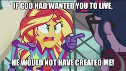 Size: 800x450 | Tagged: safe, edit, edited screencap, screencap, sci-twi, sunset shimmer, twilight sparkle, equestria girls, friendship games, angry, exploitable meme, god, image macro, imminent murder, meme, soldier, sunset yells at twilight, team fortress 2