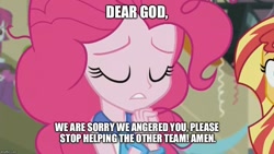 Size: 887x500 | Tagged: safe, pinkie pie, sunset shimmer, equestria girls, friendship games, christianity, god, pinkie pie praying, praying, religion, soldier, team fortress 2