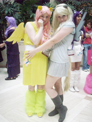 Size: 2292x3056 | Tagged: artist needed, safe, artist:lily-lithium, derpy hooves, fluttershy, human, 2012, anime weekend atlanta, convention, cosplay, irl, irl human, leg warmers, photo