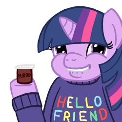 Size: 1500x1500 | Tagged: safe, derpibooru import, twilight sparkle, clothes, dork, lip bite, pudding, sweater