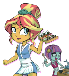 Size: 716x780 | Tagged: safe, artist:kul, sunny flare, sunset shimmer, fish, equestria girls, apron, barrette, clothes, colored pupils, female, food, hairclip, hairpin, happi, no catchlights, panic, serving tray, smiling, standing, sunset sushi, sushi, toy interpretation