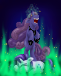 Size: 600x750 | Tagged: safe, artist:ladyjessien, rarity, sweetie belle, pony, unicorn, crying, fangs, fire, history repeats itself, laughing, nightmare sweetie belle, sad