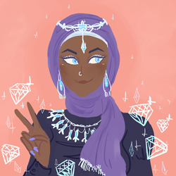 Size: 500x500 | Tagged: safe, artist:cr33pycrawly, rarity, human, blushing, dark skin, diamond, ear piercing, earring, eyeshadow, female, hijab, humanized, islam, jewelry, makeup, nail polish, nose piercing, peace sign, piercing, pink background, simple background, smiling, solo, sparkles
