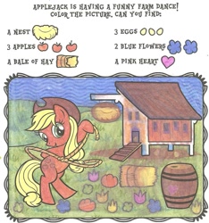 Size: 1063x1138 | Tagged: safe, applejack, earth pony, pony, apple, barrel, chicken coop, colour and find, flower, hay, heart, lasso, nest, rope, solo