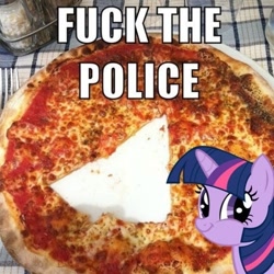 Size: 506x506 | Tagged: safe, derpibooru import, twilight sparkle, first world anarchist, fuck the police, image macro, obligatory pony, pizza, pure unfiltered evil, twiface, vulgar