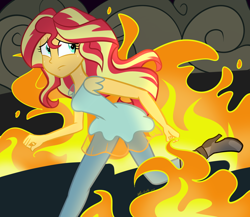Size: 1024x890 | Tagged: safe, artist:wubcakeva, sunset shimmer, equestria girls, boots, clothes, female, fire, high heel boots, looking back, pants, running, solo, sweat