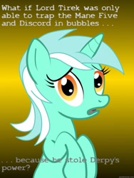 Size: 625x833 | Tagged: safe, derpy hooves, lord tirek, lyra heartstrings, pegasus, pony, unicorn, twilight's kingdom, bubble, conspiracy lyra, exploitable meme, female, green coat, horn, looking at you, mare, meme, mind blown, open mouth, simple background, solo, text, two toned mane