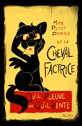 Size: 810x1242 | Tagged: safe, artist:pixel-prism, derpy hooves, pegasus, pony, 2014, bronycon, convention, female, fine art parody, french, la tournée du chat noir avec rodolphe salis, le chat noir, letter, mare, mouth hold, poster, silhouette, solo