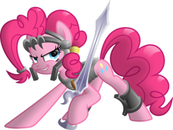 Size: 1032x774 | Tagged: safe, artist:ratchethun, pinkie pie, earth pony, pony, armor, lidded eyes, looking back, simple background, solo, sword, transparent background