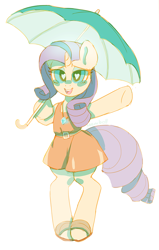 Size: 634x998 | Tagged: safe, artist:mewball, rarity, pony, unicorn, bipedal, clothes, sandals, solo, umbrella, wingding eyes