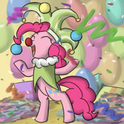 Size: 894x894 | Tagged: safe, artist:speccysy, pinkie pie, pony, balloon, bipedal, clown nose, jester, jester pie, juggling, solo