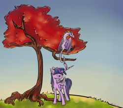 Size: 1650x1450 | Tagged: safe, artist:nos-talgia, derpibooru import, spike, twilight sparkle, twilight sparkle (alicorn), alicorn, dragon, pony, female, mare, older, tree, wings