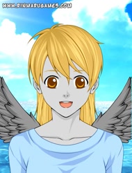 Size: 455x600 | Tagged: safe, artist:rocketpokemaster, derpy hooves, human, humanized, looking at you, smiling, solo, spread wings, underp, winged humanization