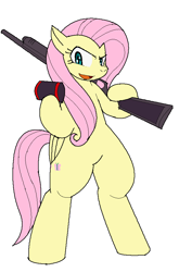 Size: 616x936 | Tagged: safe, artist:tetsutowa, fluttershy, pegasus, pony, bipedal, flutterbadass, gun, my battle pony, pixiv, shotgun, simple background, solo, weapon, white background