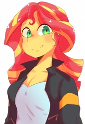 Size: 1408x2048 | Tagged: safe, artist:koto, sunset shimmer, equestria girls, clothes, cute, jacket, leather jacket, pixiv, shimmerbetes, simple background, smiling, solo, white background