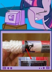 Size: 562x771 | Tagged: safe, derpibooru import, twilight sparkle, climbing, exploitable meme, facehoof, fail, false advertisement, meme, misleading, rope, tv meme