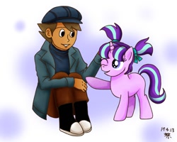 Size: 1200x960 | Tagged: safe, artist:mangoxlsxls16, starlight glimmer, human, pony, unicorn, bow, female, filly, filly starlight glimmer, luke triton, one eye closed, petting, pigtails, ribbon, younger