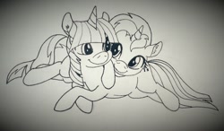 Size: 1280x745 | Tagged: safe, artist:lilapudelpony, sunset shimmer, twilight sparkle, pony, cuddling, female, lesbian, monochrome, shipping, snuggling, sunsetsparkle, traditional art