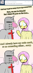 Size: 1000x2160 | Tagged: safe, fluttershy, earth pony, pegasus, pony, unicorn, armor, ask islamashy, blushing, christianity, clothes, cross, crusader, dialogue, fantasy class, female, frown, ham, helmet, hijab, islam, islamashy, knight, looking down, mare, meat, nervous, nom, open mouth, paladin, ponies eating meat, pork, smiling, sweatdrop, sword, text, tumblr, warrior, weapon