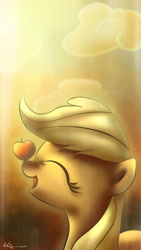 Size: 2160x3840 | Tagged: safe, artist:neko-me, applejack, earth pony, pony, apple, balancing, eyes closed, open mouth, ponies balancing stuff on their nose, solo