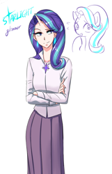 Size: 644x1000 | Tagged: safe, artist:apzzang, starlight glimmer, human, pony, unicorn, clothes, dress, female, horned humanization, human ponidox, humanized, jewelry, long skirt, mare, necklace, self ponidox, simple background, skirt, smiling, solo, white background