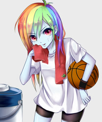 Size: 1000x1200 | Tagged: safe, artist:aruba, derpibooru import, rainbow dash, equestria girls, anime, basketball, clothes, compression shorts, looking at you, shirt, solo, sports, sweat, tank (container), towel, water bottle