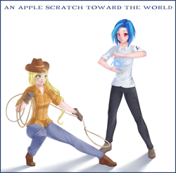 Size: 4440x4360 | Tagged: safe, artist:missangest, applejack, dj pon-3, vinyl scratch, absurd resolution, humanized