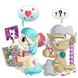 Size: 1000x1000 | Tagged: safe, artist:berrypawnch, coco pommel, mayor mare, rarity, spike, dragon, pony, unicorn, cathy weseluck, craft, dye, emoticon, female, heart, lesbian, marshmallow coco, newspaper, paper doll chain, personality swap, pictogram, scissors, shipping, simple background, speech bubble, transparent background, voice actor joke