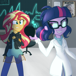 Size: 1024x1024 | Tagged: safe, artist:wubcakeva, midnight sparkle, sci-twi, sunset shimmer, twilight sparkle, equestria girls, angry, clothes, demonic possession, duo, evil twilight, glasses, grin, lab coat, looking back, markiplier, pants, possessed, smiling, wanted poster
