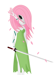 Size: 3000x4079 | Tagged: safe, artist:feralhamster, fluttershy, human, bleach (manga), hollow, humanized, simple background, solo, sword, white background