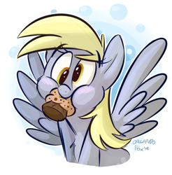 Size: 648x659 | Tagged: safe, artist:thedoggygal, derpy hooves, pegasus, pony, bust, cute, female, mare, muffin, portrait, puffy cheeks, solo