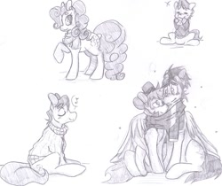 Size: 960x808 | Tagged: safe, artist:cleppyclep, braeburn, caramel, pinkie pie, soarin', earth pony, pony, clothes, cute, gay, male, scarf, shared clothing, shared scarf, shipping, sketch, sketch dump, soarburn, sweater