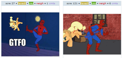 Size: 527x250 | Tagged: safe, applejack, earth pony, pony, 60s spider-man, buck, exploitable meme, it works either way, juxtaposition, juxtaposition win, karma, meme, spider-man