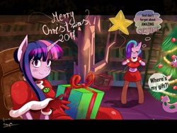 Size: 1205x907 | Tagged: safe, artist:traupa, spike, starlight glimmer, twilight sparkle, anthro, dragon, unguligrade anthro, balloon, blushing, christmas, christmas tree, clothes, costume, holiday, new year, present, santa costume, tree