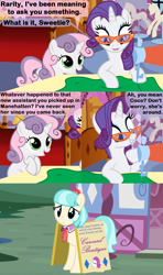 Size: 1280x2160 | Tagged: safe, artist:beavernator, coco pommel, rarity, sweetie belle, pony, unicorn, comic, frown, glasses, grin, sandwich board, smiling