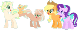 Size: 1024x401 | Tagged: safe, artist:s1nb0y, applejack, starlight glimmer, oc, oc:daniela sunlight, oc:jhonny cherimoya, oc:tamara, earth pony, pony, unicorn, baby, baby pony, base used, female, filly, glimmerjack, lesbian, magical lesbian spawn, male, mare, offspring, parent:applejack, parent:starlight glimmer, parents:glimmerjack, shipping, simple background, stallion, transparent background