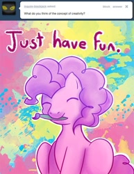Size: 500x647 | Tagged: safe, artist:steveholt, pinkie pie, earth pony, pony, mouth hold, paintbrush, pinkie pie answers, solo, tumblr
