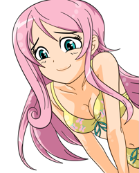 Size: 815x1015 | Tagged: safe, artist:jollyrogers5, edit, fluttershy, human, belly button, bikini, bra, breasts, cleavage, clothes, cute, female, hootershy, humanized, shyabetes, smiling, solo, swimsuit, underwear