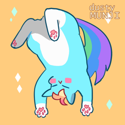 Size: 500x500 | Tagged: safe, artist:dusty-munji, rainbow dash, cat, blush sticker, blushing, catified, cute, dashabetes, eyes closed, orange background, paws, rainbow cat, simple background, solo, species swap, underpaw