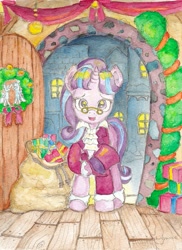 Size: 581x800 | Tagged: safe, artist:daisymane, snowfall frost, starlight glimmer, pony, unicorn, clothes, female, glasses, greeting, hat, hearth's warming, mare, present, sack, solo, top hat, traditional art, watercolor painting