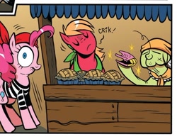 Size: 512x401 | Tagged: safe, idw, big macintosh, granny smith, pinkie pie, earth pony, pony, spoiler:comic, spoiler:comic13, false teeth, gold, gold teeth, male, pie, pineapple, stallion, teeth