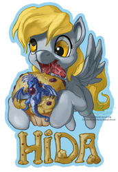 Size: 900x1309 | Tagged: safe, artist:the-sixthleafclover, derpy hooves, dragon, pegasus, pony, drool, female, flying, mare, muffin, solo