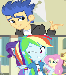 Size: 952x1080 | Tagged: safe, derpibooru import, screencap, applejack, flash sentry, fluttershy, rainbow dash, rarity, equestria girls, rainbow rocks, out of context, wink