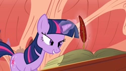 Size: 1280x720 | Tagged: safe, derpibooru import, screencap, twilight sparkle, unicorn twilight, unicorn, look before you sleep, evil grin, fanfic, grin, happy, lidded eyes, magic, out of context, pure unfiltered evil, quill, smiling, smirk, solo, telekinesis, twilight loves fanfiction, writing