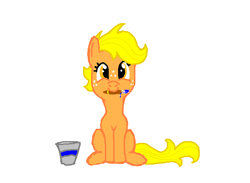 Size: 722x529 | Tagged: safe, artist:facelessjr, applejack, oc, earth pony, pony, mouth hold, paint, simple background, sitting, solo