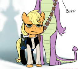 Size: 969x856 | Tagged: safe, artist:hinoraito, applejack, spike, dragon, earth pony, pony, burp, chewbacca, clothes, crossover, han solo, star wars