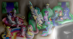 Size: 1300x700 | Tagged: safe, artist:silvy-fret, derpibooru import, apple bloom, applejack, derpy hooves, discord, fluttershy, pinkie pie, princess celestia, princess luna, rainbow dash, rarity, scootaloo, spike, sweetie belle, twilight sparkle, twilight sparkle (alicorn), alicorn, dragon, earth pony, pegasus, pony, unicorn, cutie mark crusaders, dislestia, fainting couch, female, male, mane seven, mane six, mare, movie night, popcorn, prone, scared, shipping, sofa, straight, television