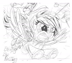 Size: 1800x1572 | Tagged: safe, artist:lordyanyu, derpy hooves, pegasus, pony, action pose, female, flying, gritted teeth, mare, monochrome, sketch, solo, wip