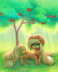 Size: 768x950 | Tagged: safe, artist:sererena, applejack, earth pony, pony, apple, apple tree, looking at you, obligatory apple, prone, solo, tree